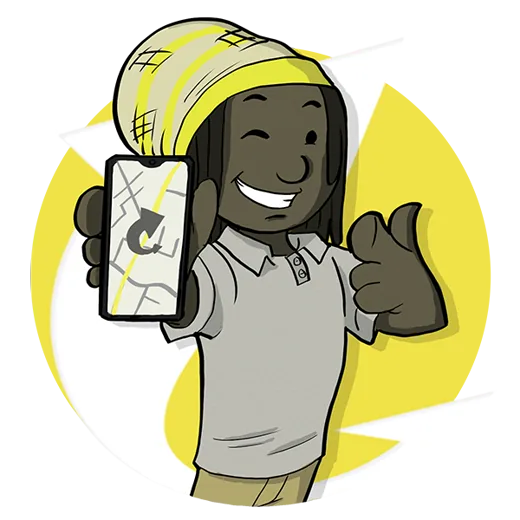 The original Get There character giving a thumbs up and holding a phone with the app&rsquo;s map