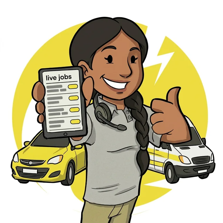 A Get There fleet manager with a headset around her neck, holding up a tablet of live jobs and giving a thumbs up, in front of a yellow taxi and a delivery van
