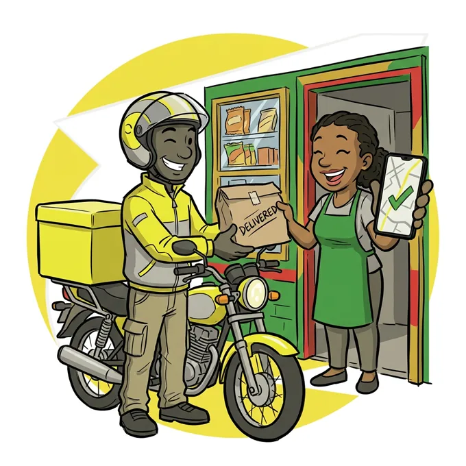 A courier on a motorbike handing a parcel to a smiling shopkeeper who holds a phone showing a completed delivery