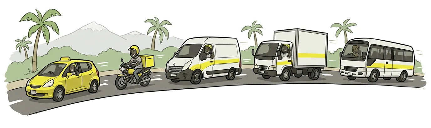 A Get There style fleet on the road: a taxi, a courier motorbike, a delivery van, a box truck and a minibus