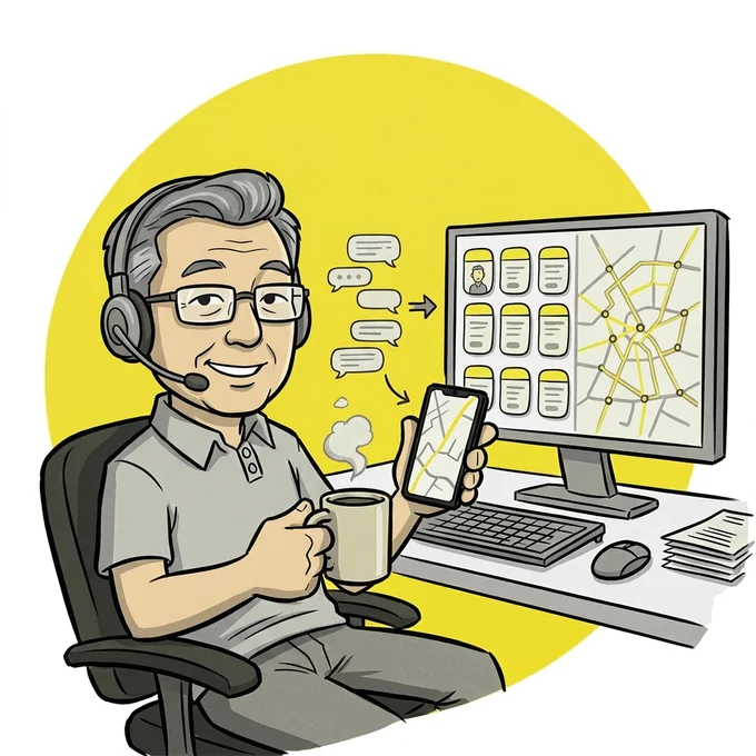 A Get There dispatcher with a headset relaxed at his desk, coffee in hand, while chat messages turn into organised trips on the screen